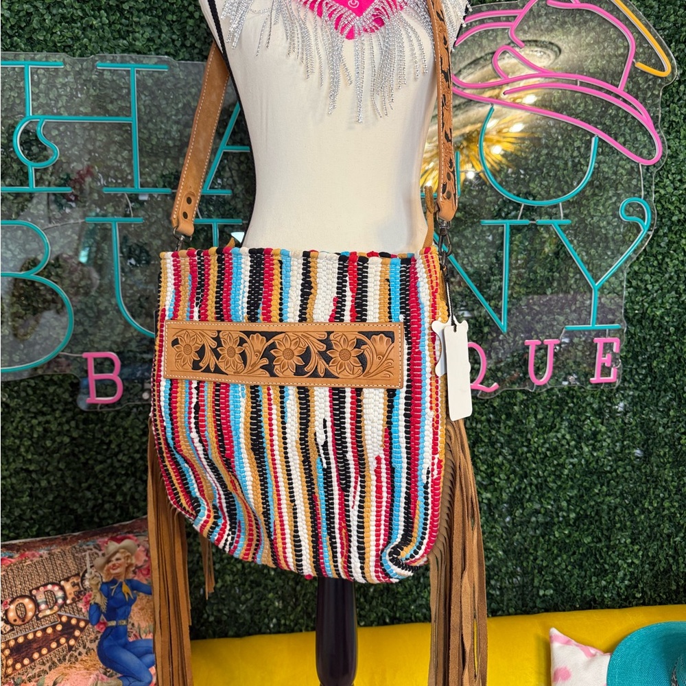 American Darling Hand Tooled Leather Multicolor Striped Saddle Bag w/Fringe‎ NWT